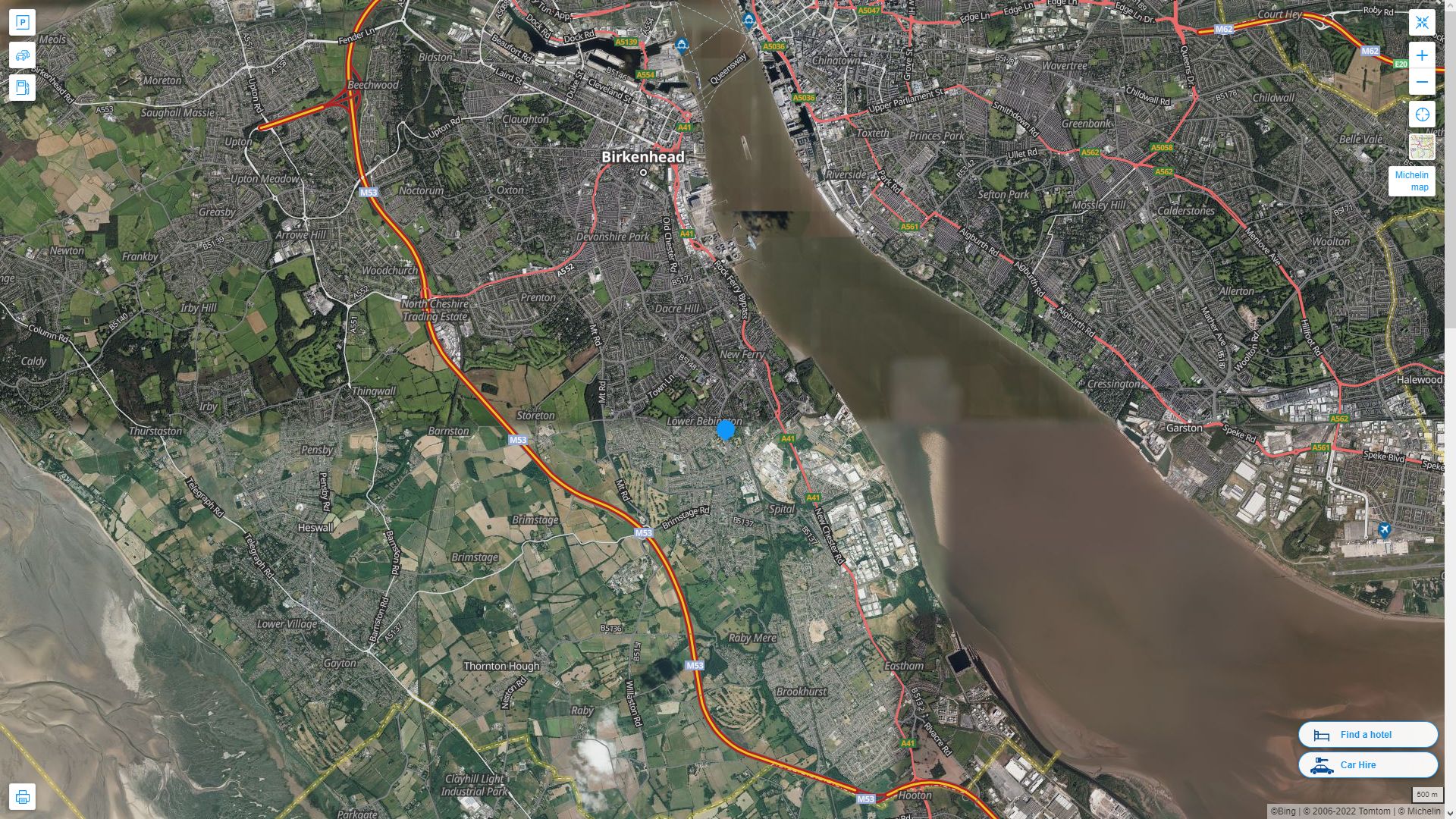 Bebington Royaume Uni Autoroute et carte routiere avec vue satellite